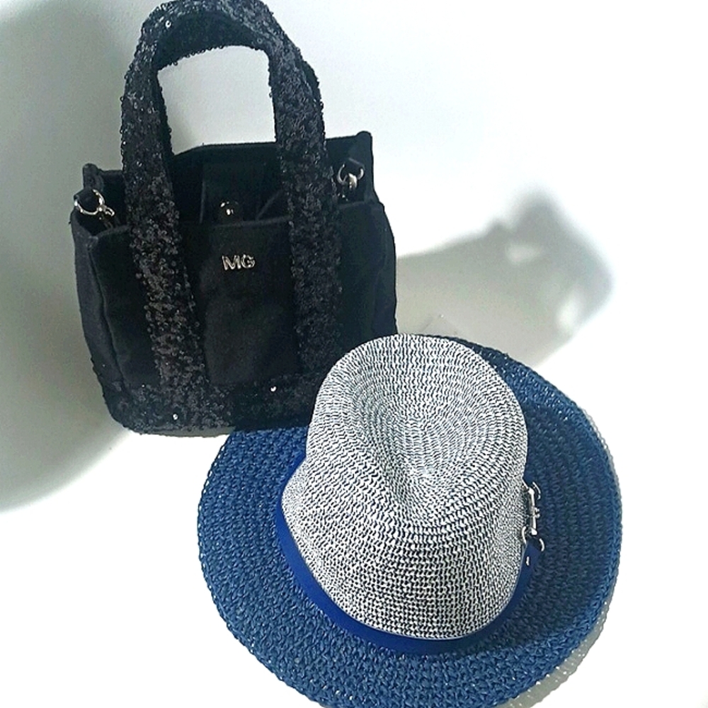 Ann Klein Navy And White Straw Hat Wleather Strap And Silver Hardware AK Hardwar